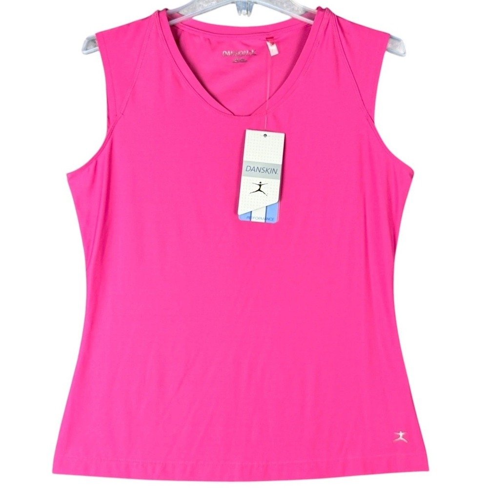 NEW Danskin Womens M 8-10 Muscle Tee Tank Top Very Berry Pink V-Neck Performance